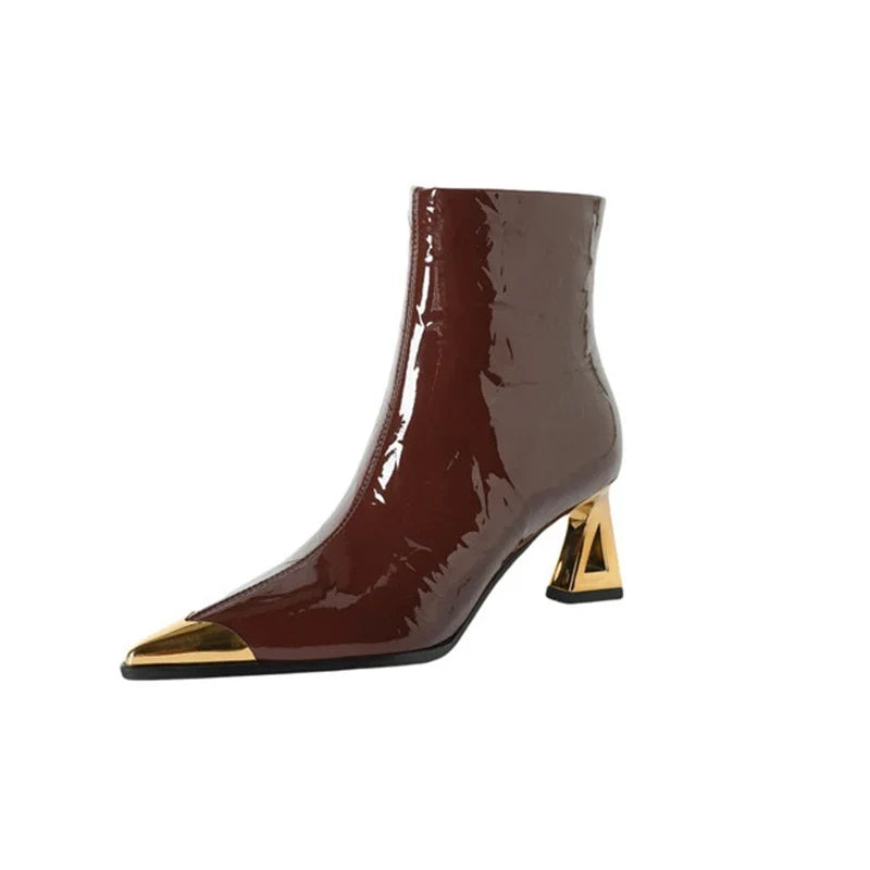 Women's leather sheepskin patent leather metal toe high-heeled zipper retro and calf Chelsea short Boots