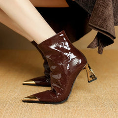 Women's leather sheepskin patent leather metal toe high-heeled zipper retro and calf Chelsea short Boots