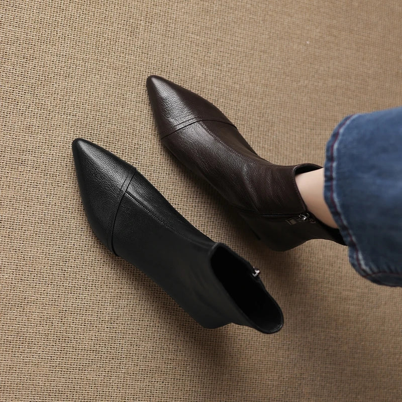 Women's leather sheepskin pointed toe mid heel zipper and calf retro Western Chelsea short Boots