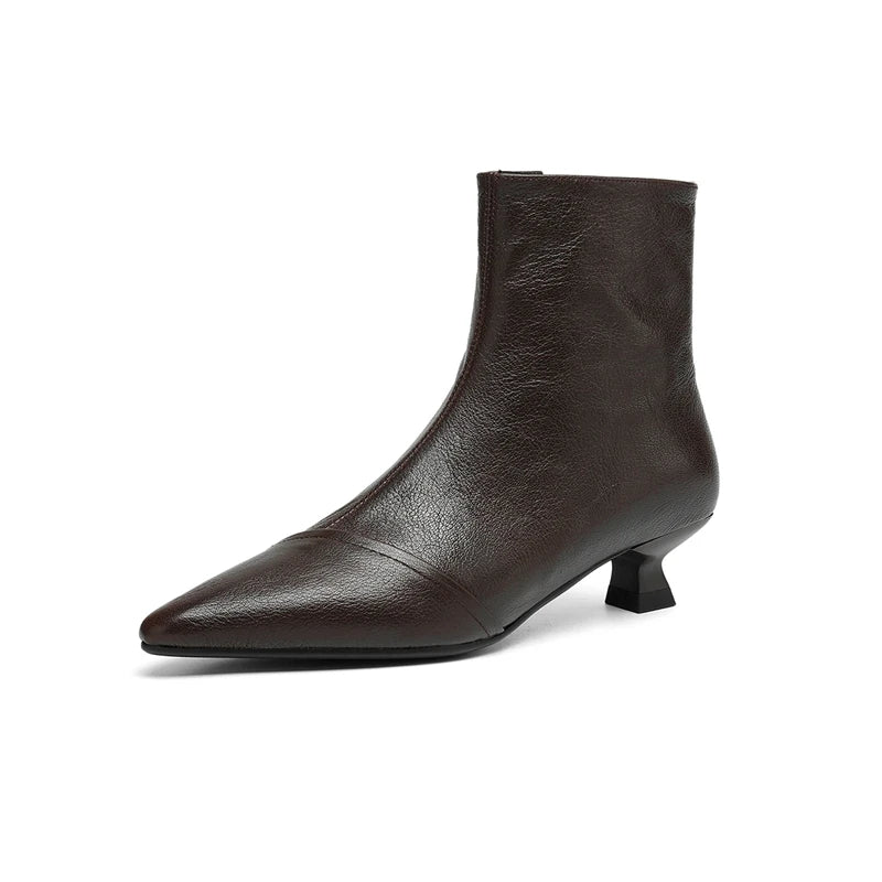 Women's leather sheepskin pointed toe mid heel zipper and calf retro Western Chelsea short Boots