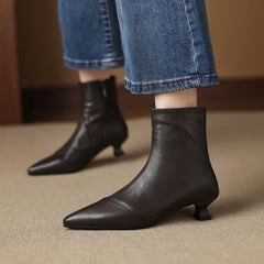 Women's leather sheepskin pointed toe mid heel zipper and calf retro Western Chelsea short Boots