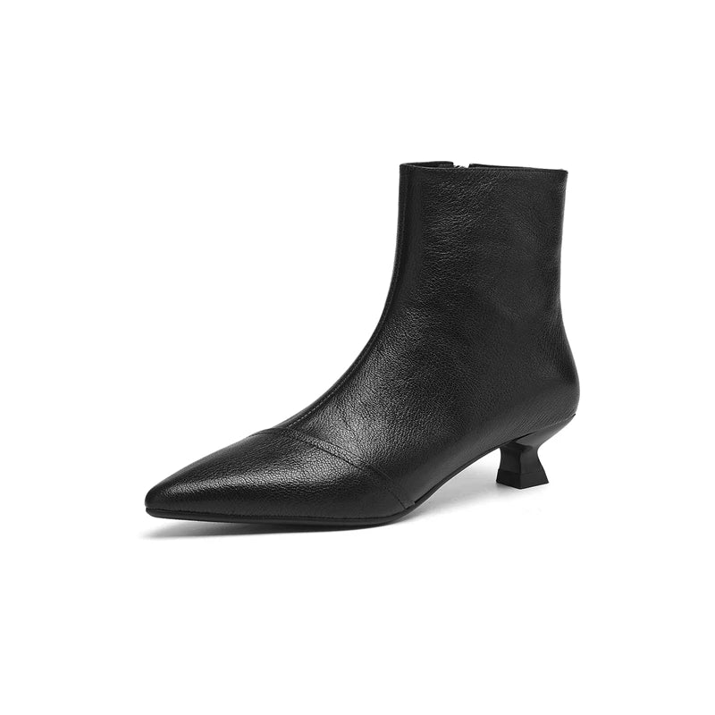 Women's leather sheepskin pointed toe mid heel zipper and calf retro Western Chelsea short Boots