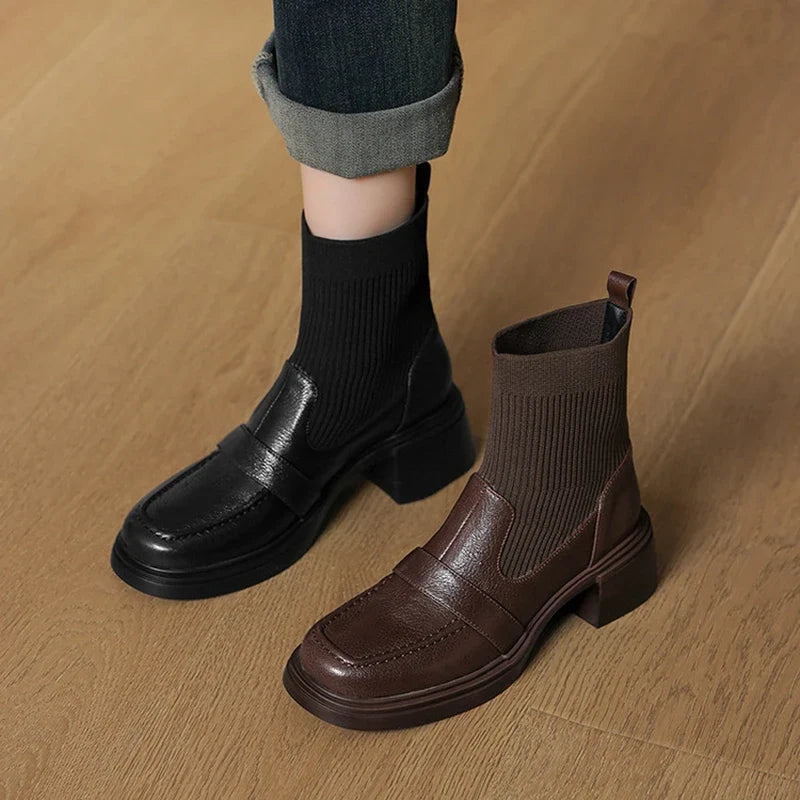 Women's leather sheepskin round toe high-heeled plus