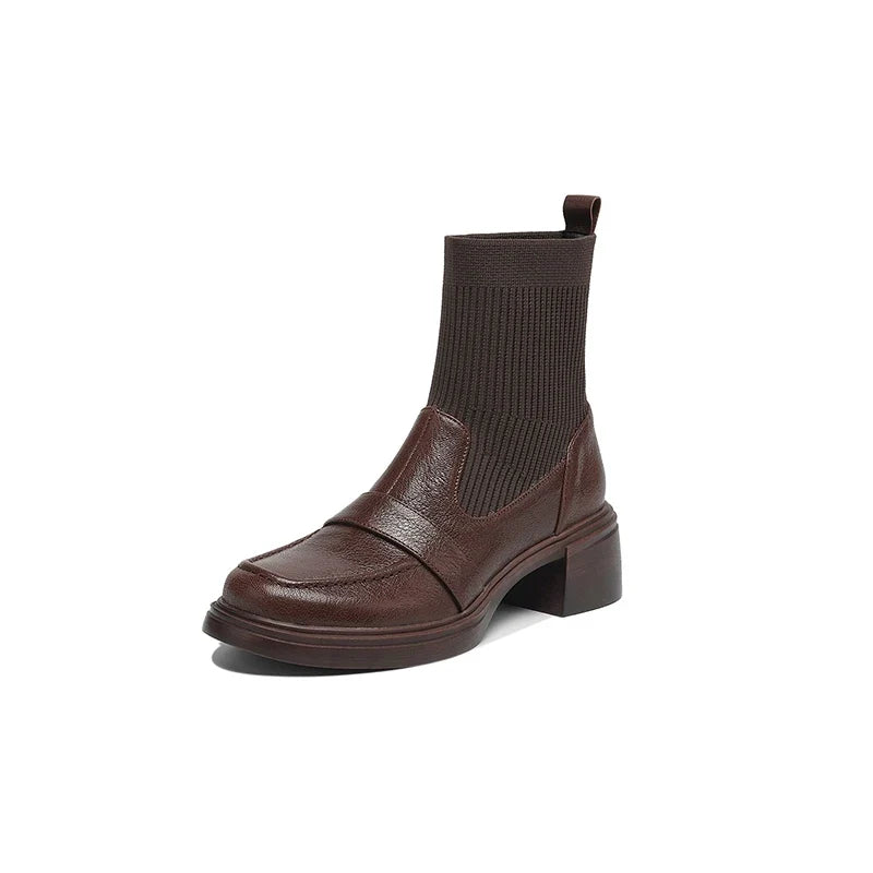 Women's leather sheepskin round toe high-heeled plus