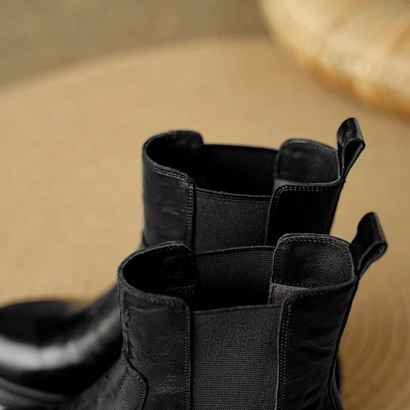 Women's leather sheepskin round toe high-heeled