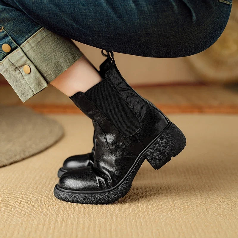 Women's leather sheepskin round toe high-heeled