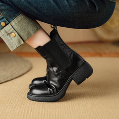 Women's leather sheepskin round toe high-heeled