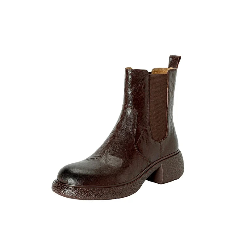 Women's leather sheepskin round toe high-heeled