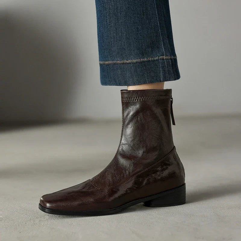 Women's leather sheepskin square toe and calf zipper elastic boots