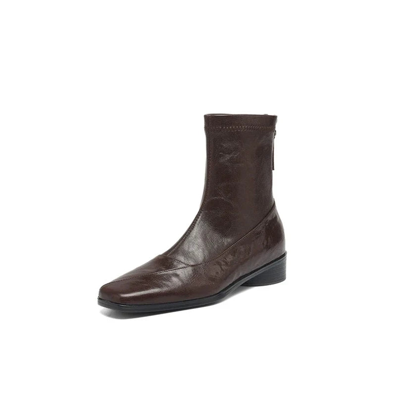 Women's leather sheepskin square toe and calf zipper elastic boots