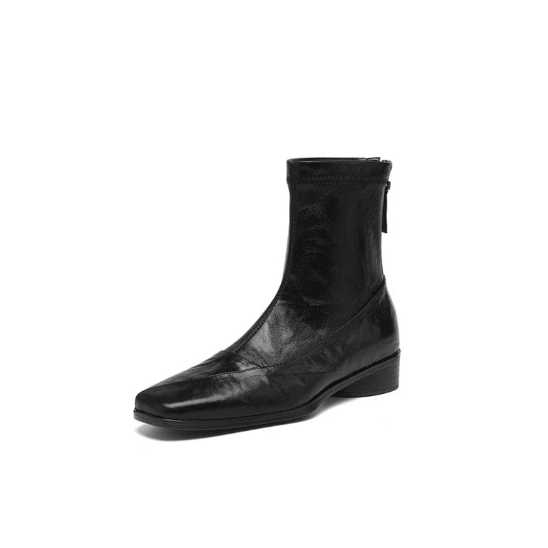 Women's leather sheepskin square toe and calf zipper elastic boots