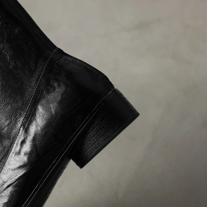 Women's leather sheepskin square toe and calf zipper elastic boots