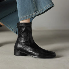 Women's leather sheepskin square toe and calf zipper elastic boots