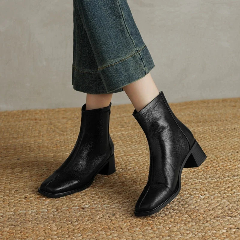Women's leather sheepskin zipper square toe high-heeled plus