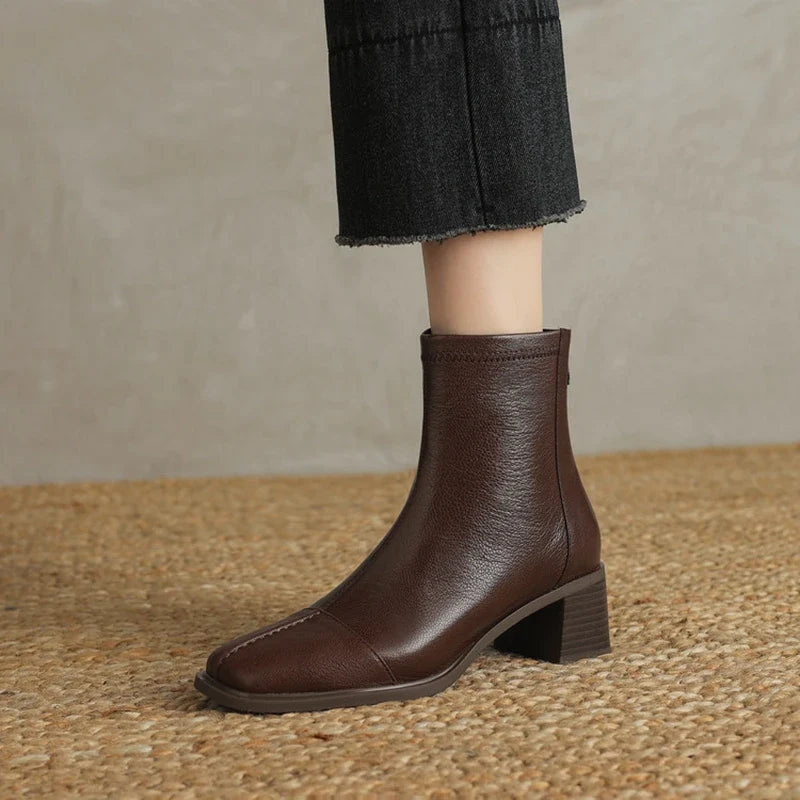Women's leather sheepskin zipper square toe high-heeled plus