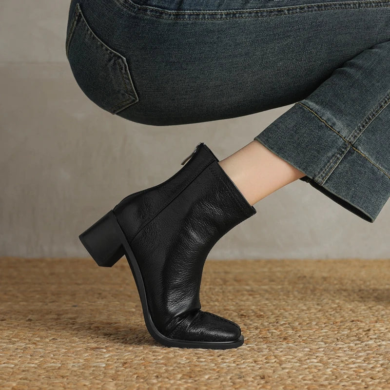 Women's leather sheepskin zipper square toe high-heeled plus