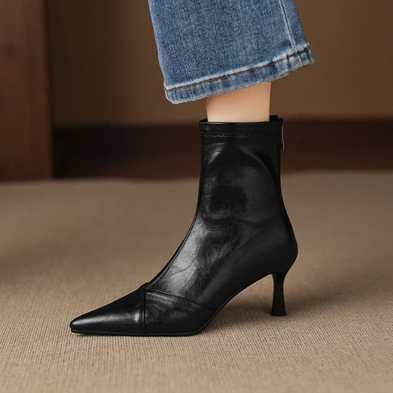 Women's pointed retro high-heeled handmade oversized zipper and calf short Boots