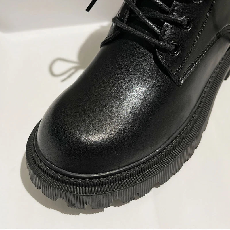 Women's retro leather cowhide round toe mid heel and calf strap zipper thick soled short Boots