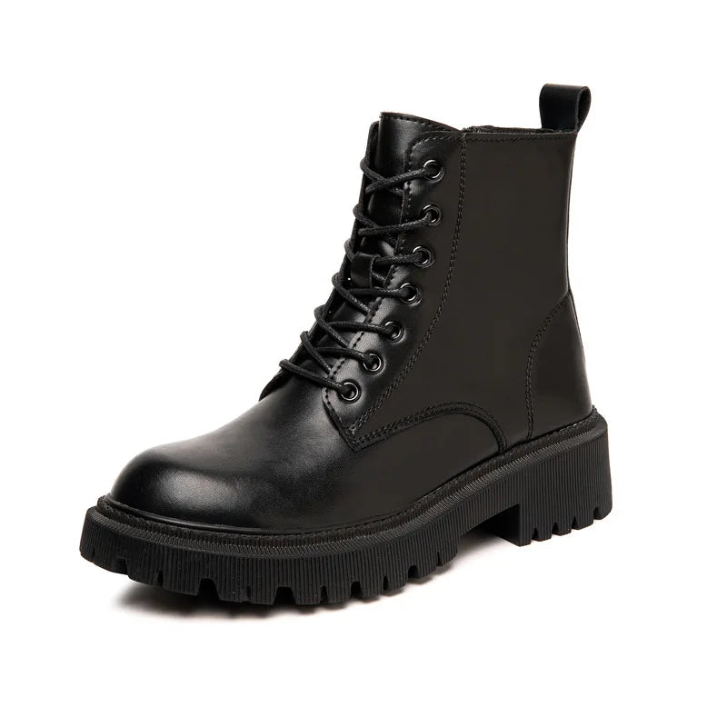 Women's retro leather cowhide round toe mid heel and calf strap zipper thick soled short Boots