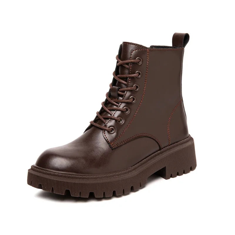 Women's retro leather cowhide round toe mid heel and calf strap zipper thick soled short Boots