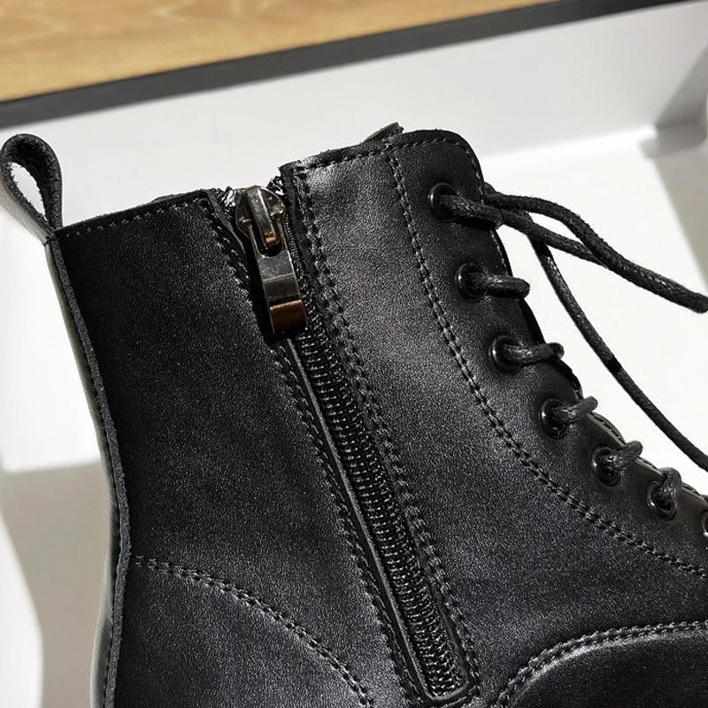 Women's retro leather cowhide round toe mid heel and calf strap zipper thick soled short Boots