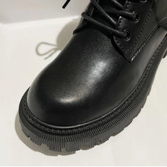 Women's retro leather cowhide round toe mid heel and calf strap zipper thick soled short Boots