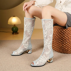 Women's spring and summer genuine leather cowhide lacquer lace embroidery high heels fish mouth and knee high tube cool boot