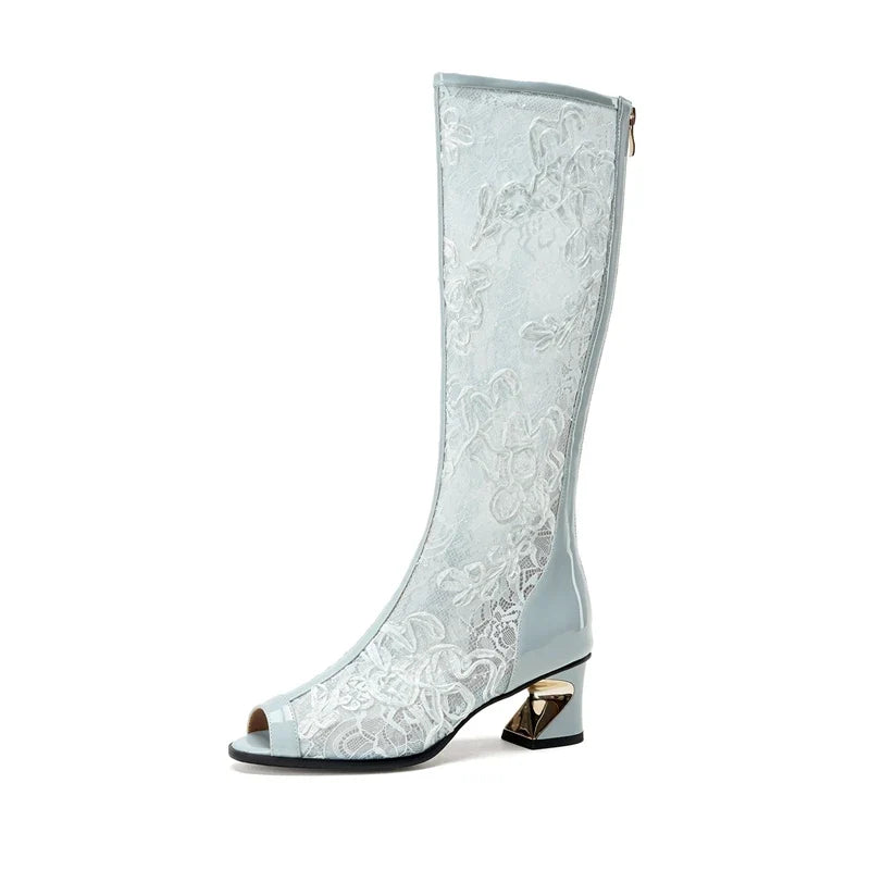 Women's spring and summer genuine leather cowhide lacquer lace embroidery high heels fish mouth and knee high tube cool boot