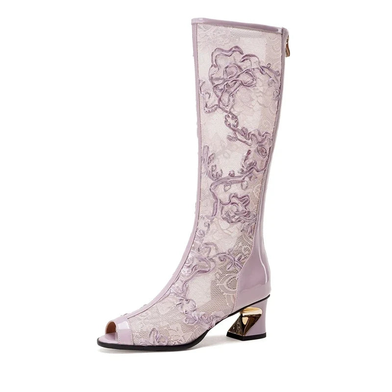 Women's spring and summer genuine leather cowhide lacquer lace embroidery high heels fish mouth and knee high tube cool boot