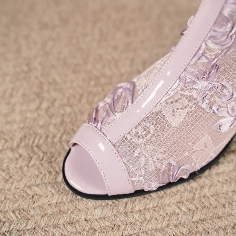 Women's spring and summer genuine leather cowhide lacquer lace embroidery high heels fish mouth and knee high tube cool boot