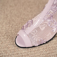 Women's spring and summer genuine leather cowhide lacquer lace embroidery high heels fish mouth and knee high tube cool boot