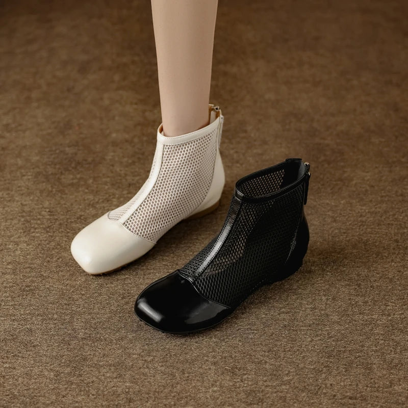 Women's spring and summer genuine leather cowhide low heel hollow breathable zipper and calf short Boots