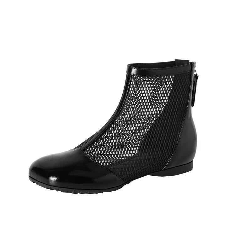 Women's spring and summer genuine leather cowhide low heel hollow breathable zipper and calf short Boots