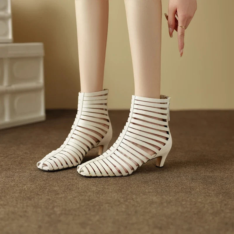 Women's spring and summer leather cowhide high-heeled hollow breathable back zipper and calf short Boots