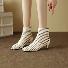 Women's spring and summer leather cowhide high-heeled hollow breathable back zipper and calf short Boots
