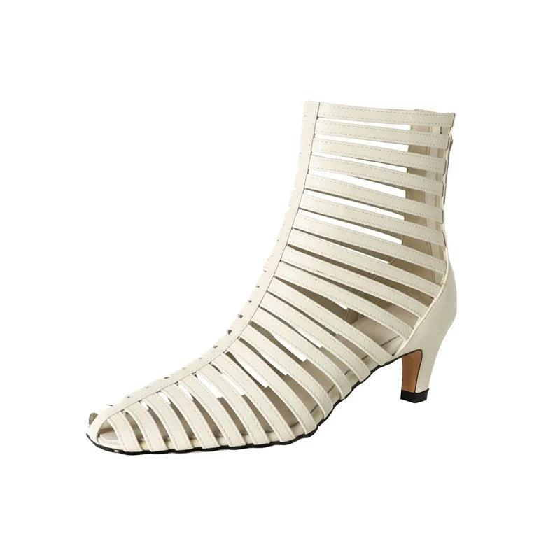 Women's spring and summer leather cowhide high-heeled hollow breathable back zipper and calf short Boots