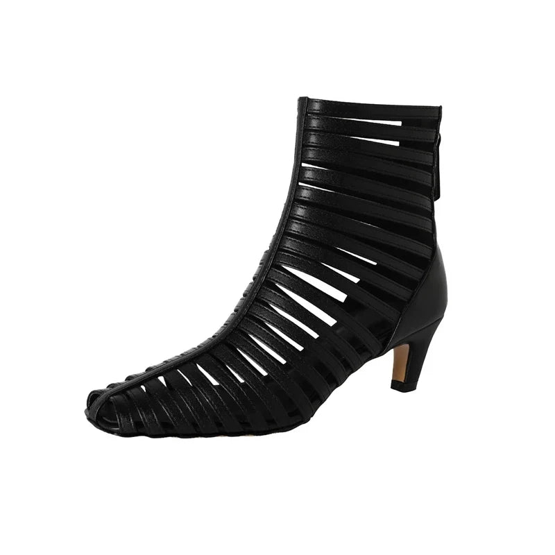 Women's spring and summer leather cowhide high-heeled hollow breathable back zipper and calf short Boots