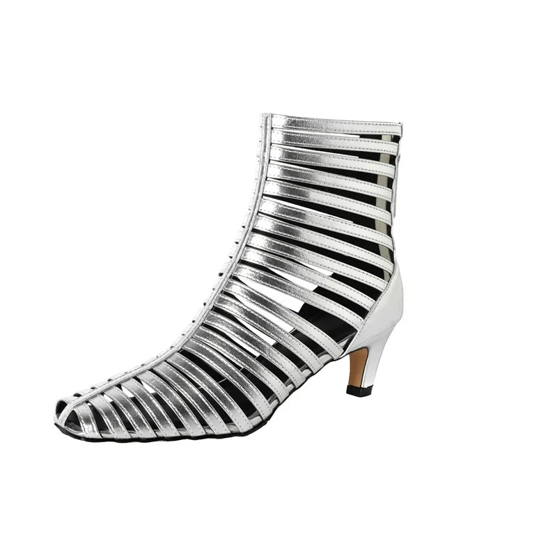 Women's spring and summer leather cowhide high-heeled hollow breathable back zipper and calf short Boots