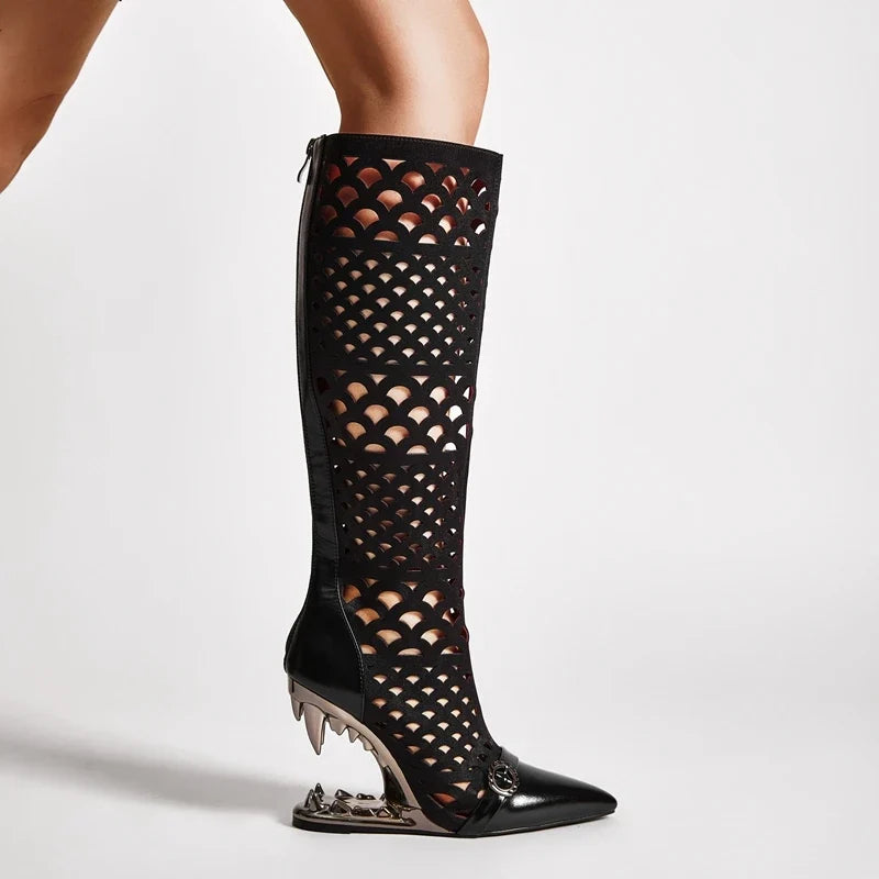 Women's spring and summer pointed metal belt buckle breathable hollow zipper high heels long Boots