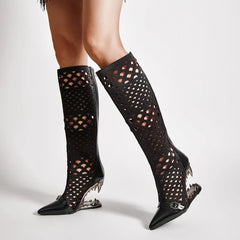 Women's spring and summer pointed metal belt buckle breathable hollow zipper high heels long Boots