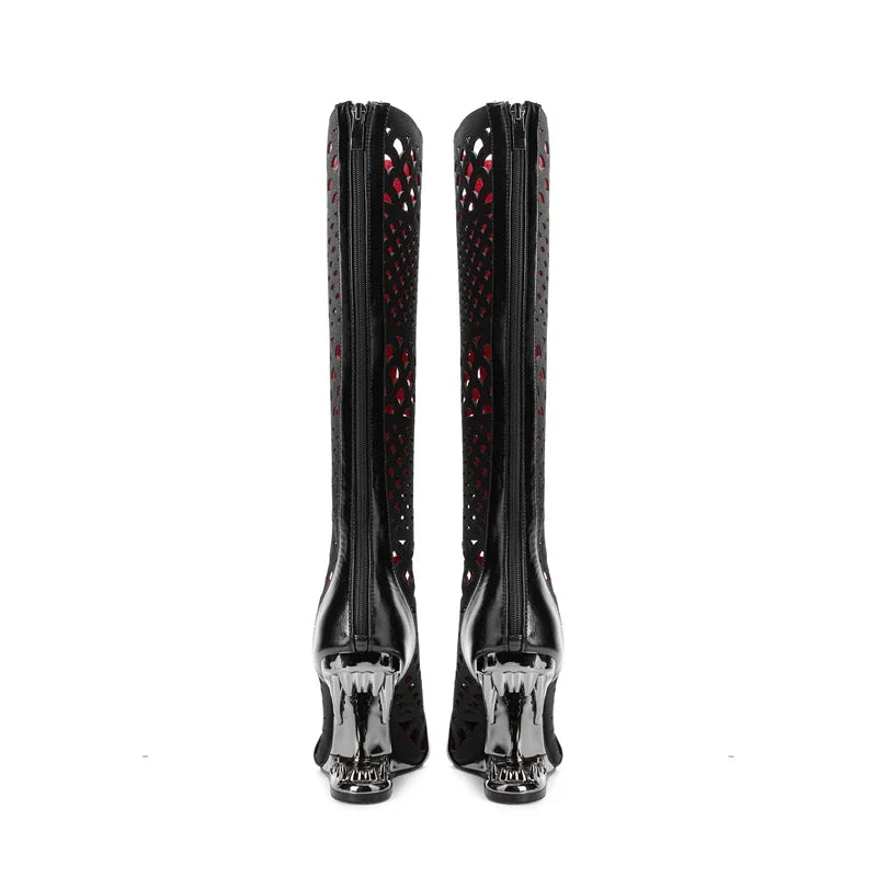 Women's spring and summer pointed metal belt buckle breathable hollow zipper high heels long Boots
