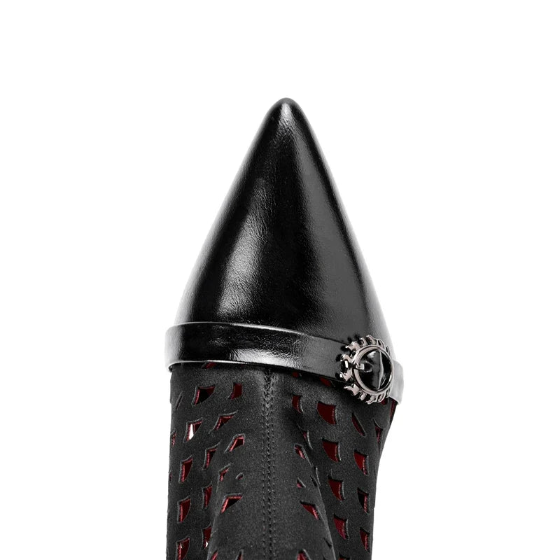 Women's spring and summer pointed metal belt buckle breathable hollow zipper high heels long Boots