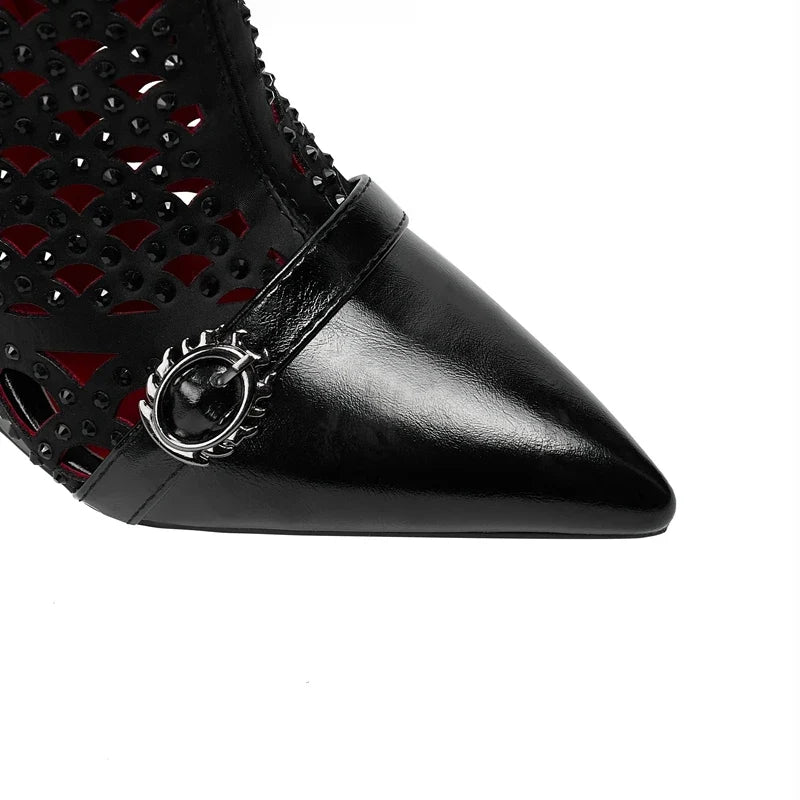 Women's spring and summer pointed metal belt buckle rivet breathable hollow zipper high heels long Boots