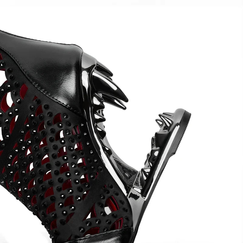 Women's spring and summer pointed metal belt buckle rivet breathable hollow zipper high heels long Boots