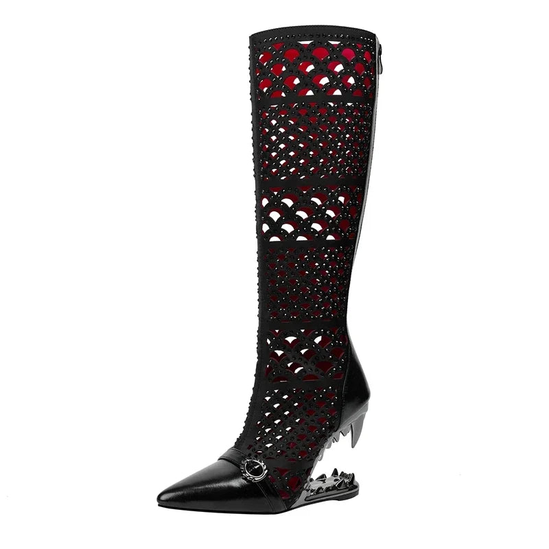 Women's spring and summer pointed metal belt buckle rivet breathable hollow zipper high heels long Boots