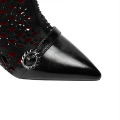Women's spring and summer pointed metal belt buckle rivet breathable hollow zipper high heels long Boots
