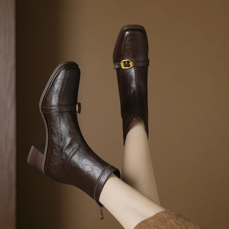 Women's square metal belt buckle retro high heels handmade oversized zipper and calf short Boots