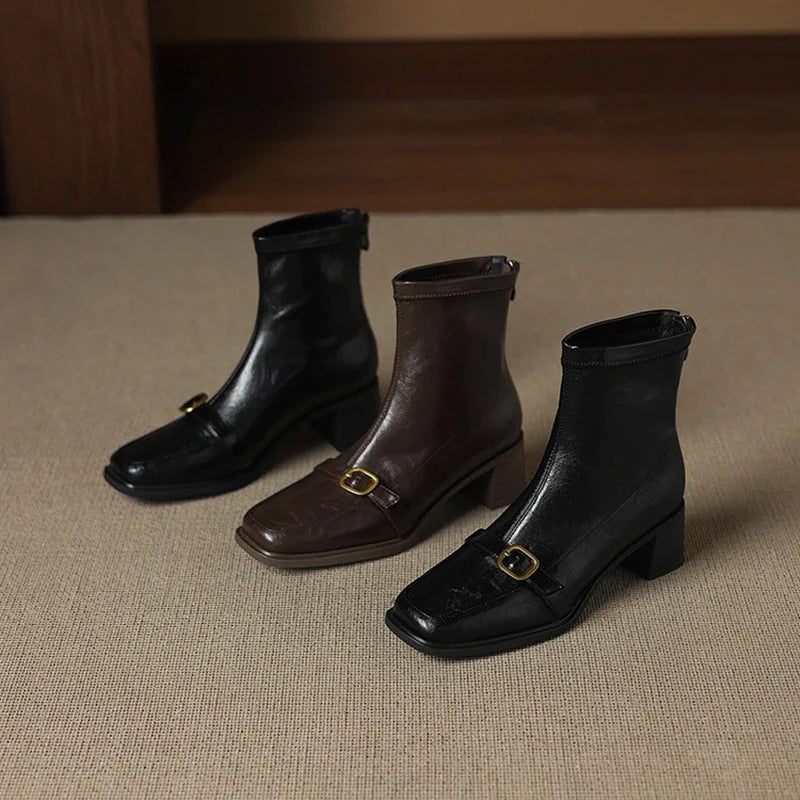 Women's square metal belt buckle retro high heels handmade oversized zipper and calf short Boots
