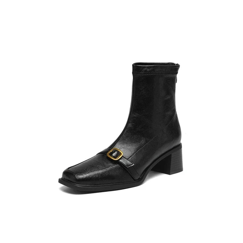 Women's square metal belt buckle retro high heels handmade oversized zipper and calf short Boots
