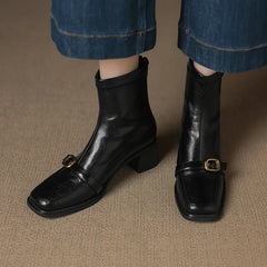 Women's square metal belt buckle retro high heels handmade oversized zipper and calf short Boots